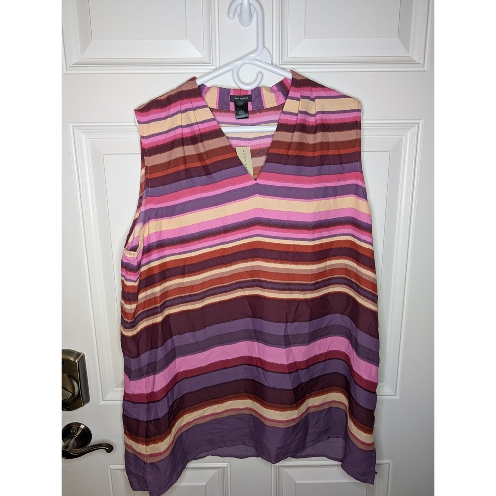 Ann Taylor Womens Tunic Tank Top Size XL Red Pink Striped Sleeveless Layer NEW
